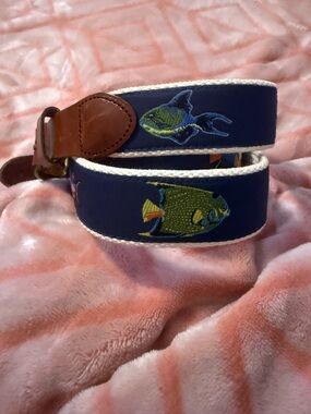 Leather Men's Navy Blue Fish Embroidered Canvas Belt